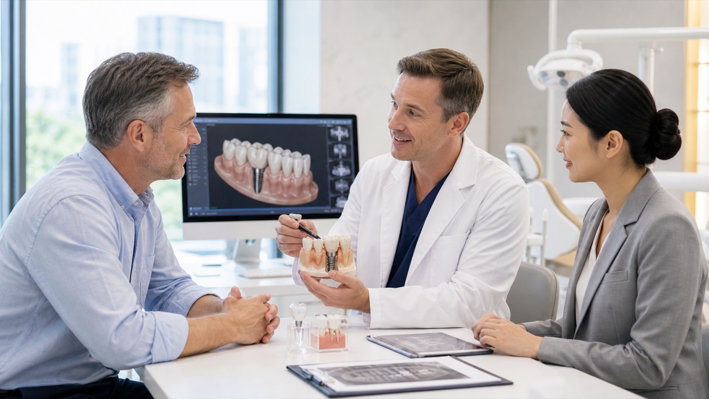 English speaking dentist in China explaining dental implant options.